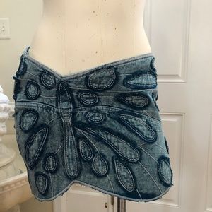 NEW Free People Tulip Hem Blue Denim Raised Peacock Cotton Women’s  Skirt Size 9